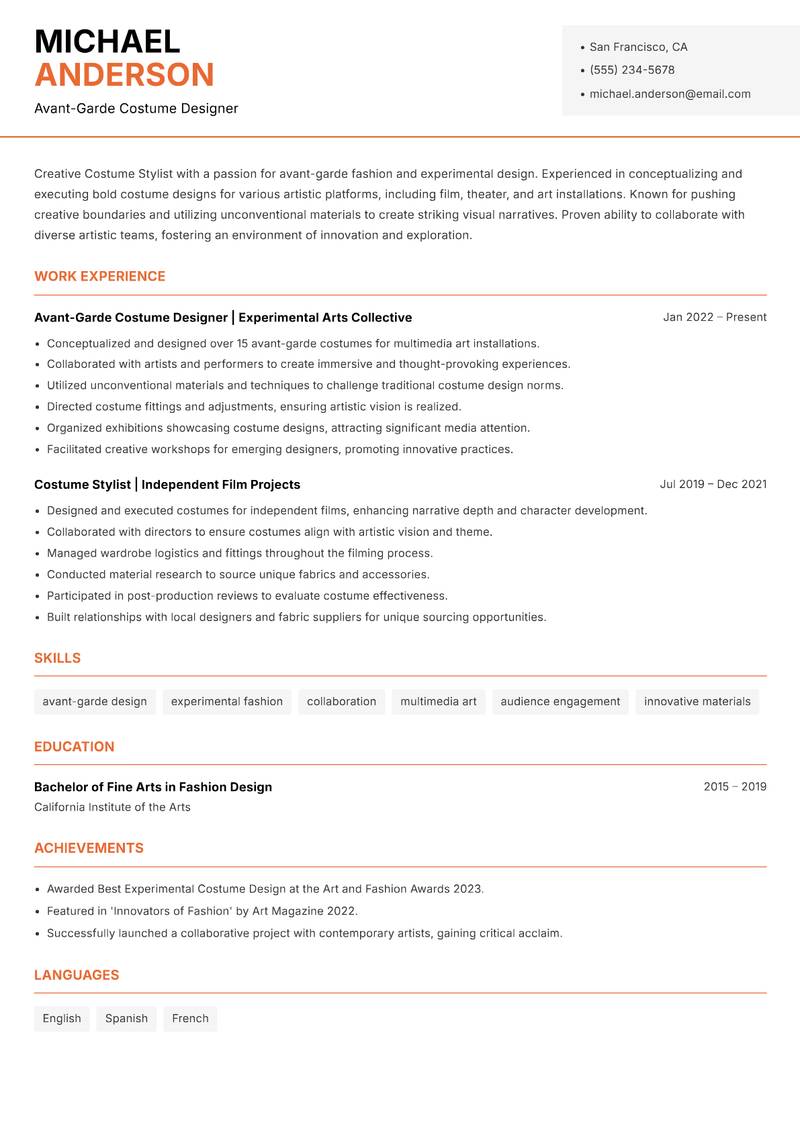 Costume Stylist resume sample — Avant-Garde Costume Designer focus