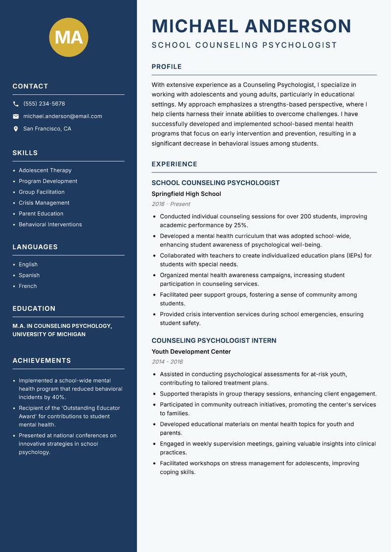 Counseling Psychologist resume sample — School Counseling Psychologist focus