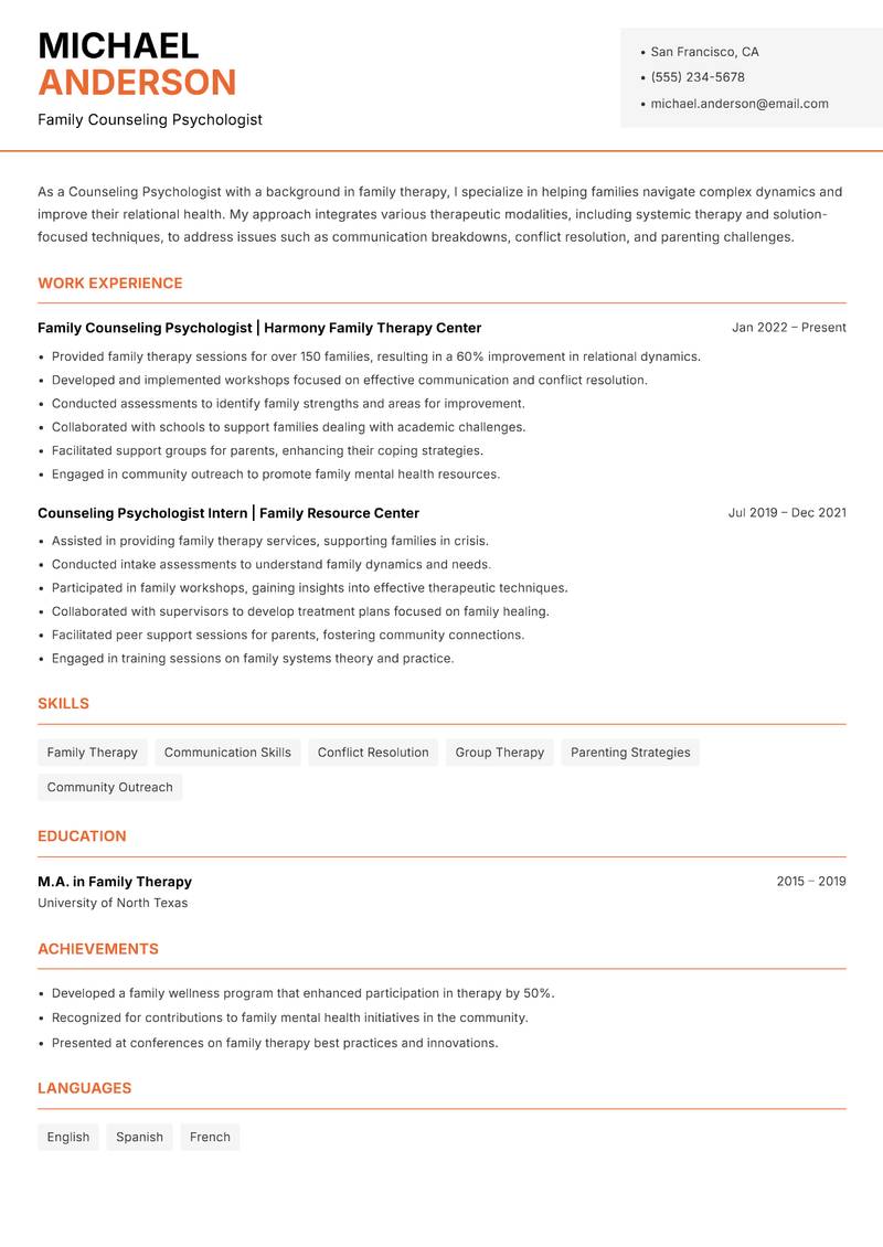 Counseling Psychologist resume sample — Family Counseling Psychologist focus