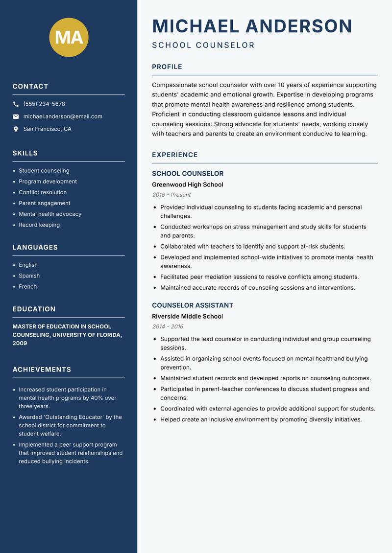 Counselor resume sample — School Counselor focus