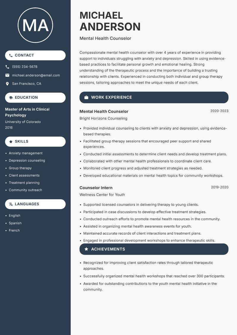 Counselor resume sample — Mental Health Counselor focus