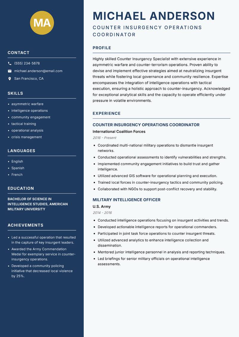 Counter Insurgency Specialist resume sample — Counter Insurgency Operations Coordinator focus