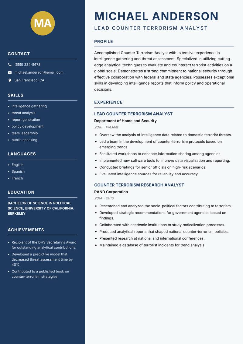 Counter Terrorism Analyst resume sample — Lead Counter Terrorism Analyst focus