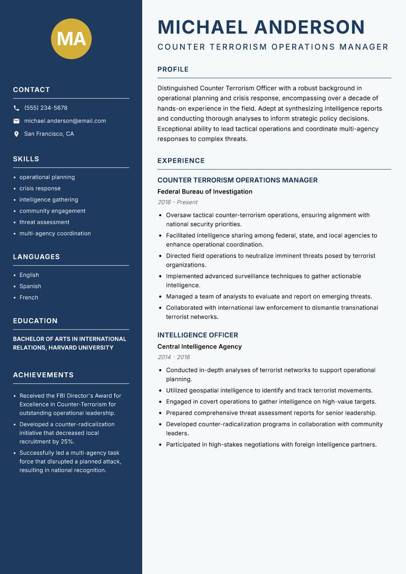 Counter Terrorism Officer resume sample — Counter Terrorism Operations Manager focus