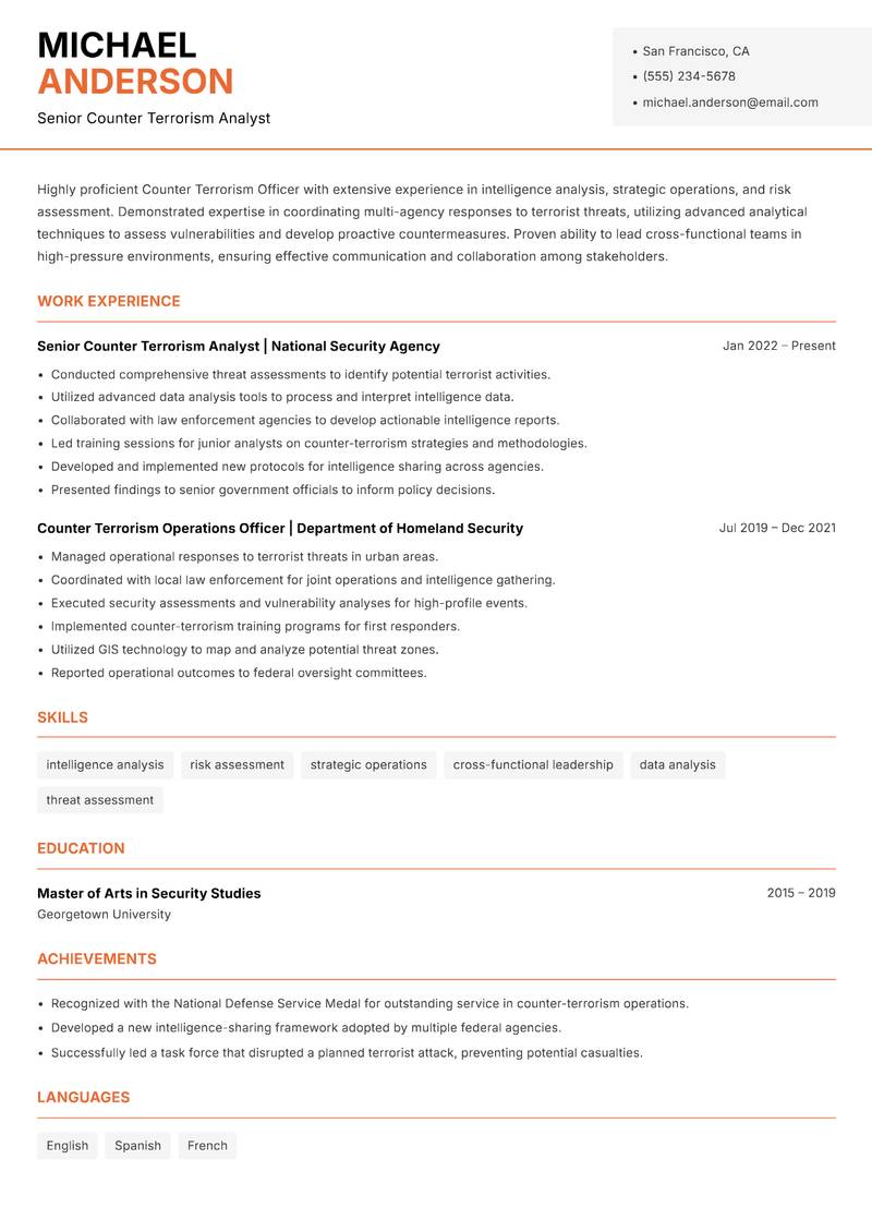 Counter Terrorism Officer resume sample — Senior Counter Terrorism Analyst focus