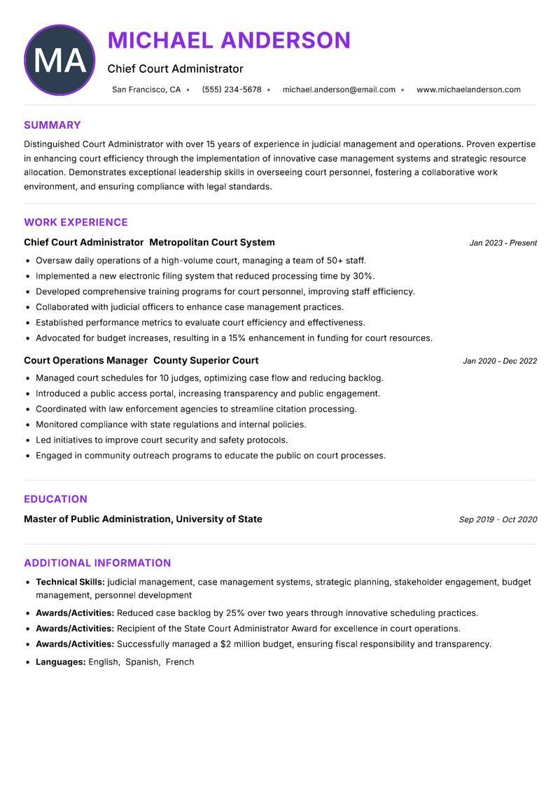 Court Administrator resume example