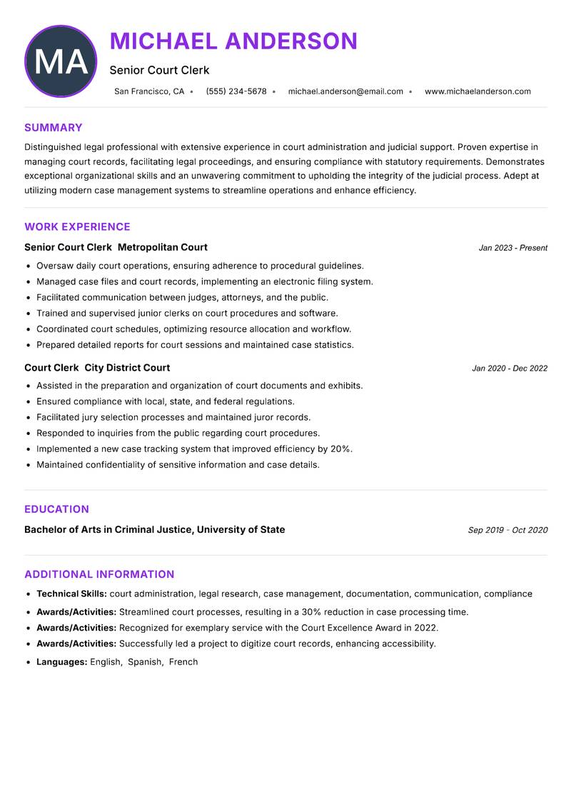 Court Clerk resume example