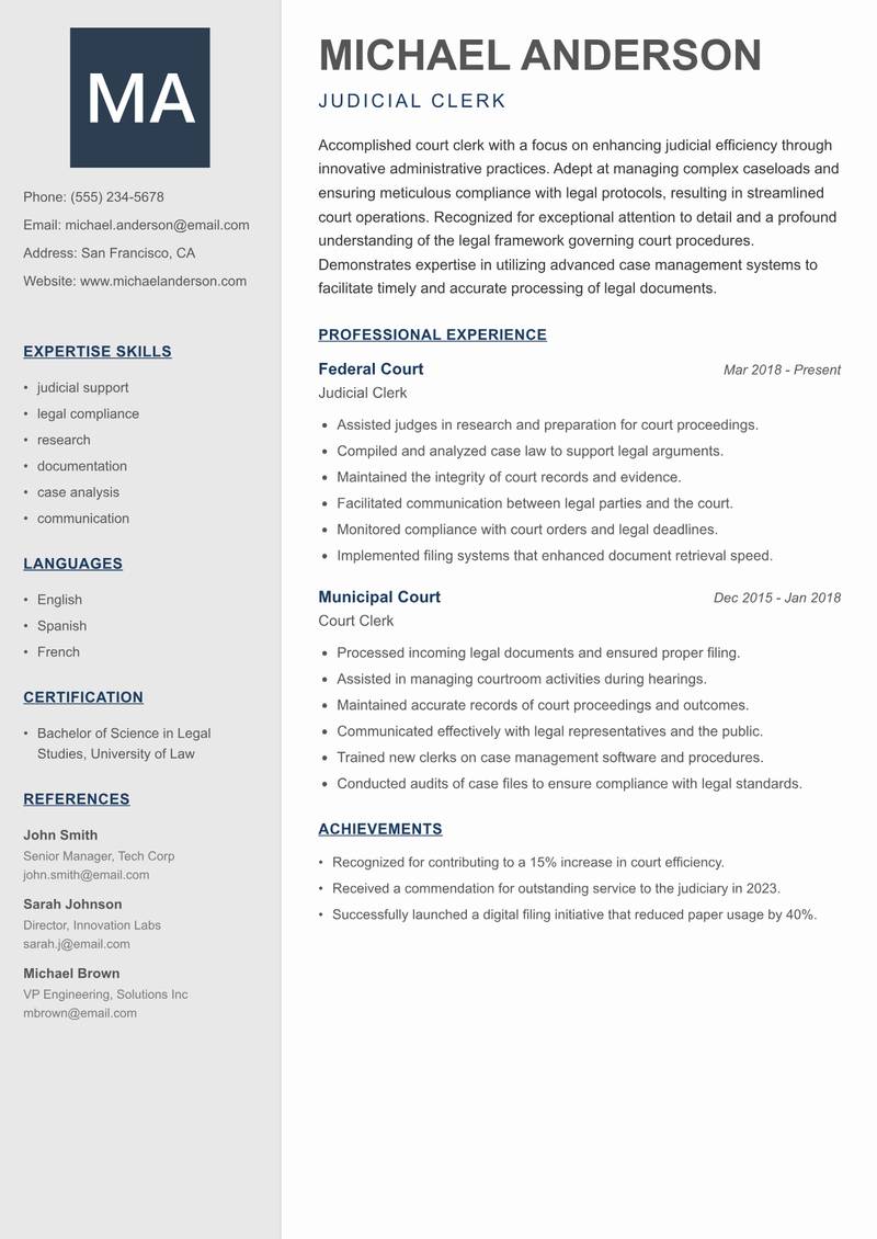 Court Clerk resume sample — Judicial Clerk focus