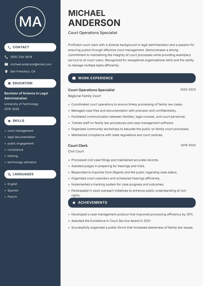 Court Clerk resume sample — Court Operations Specialist focus