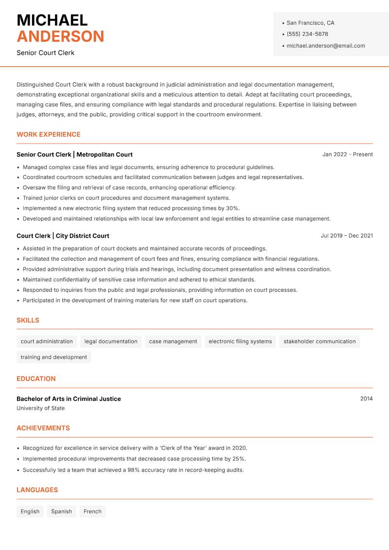 Court Clerk resume sample — Senior Court Clerk focus