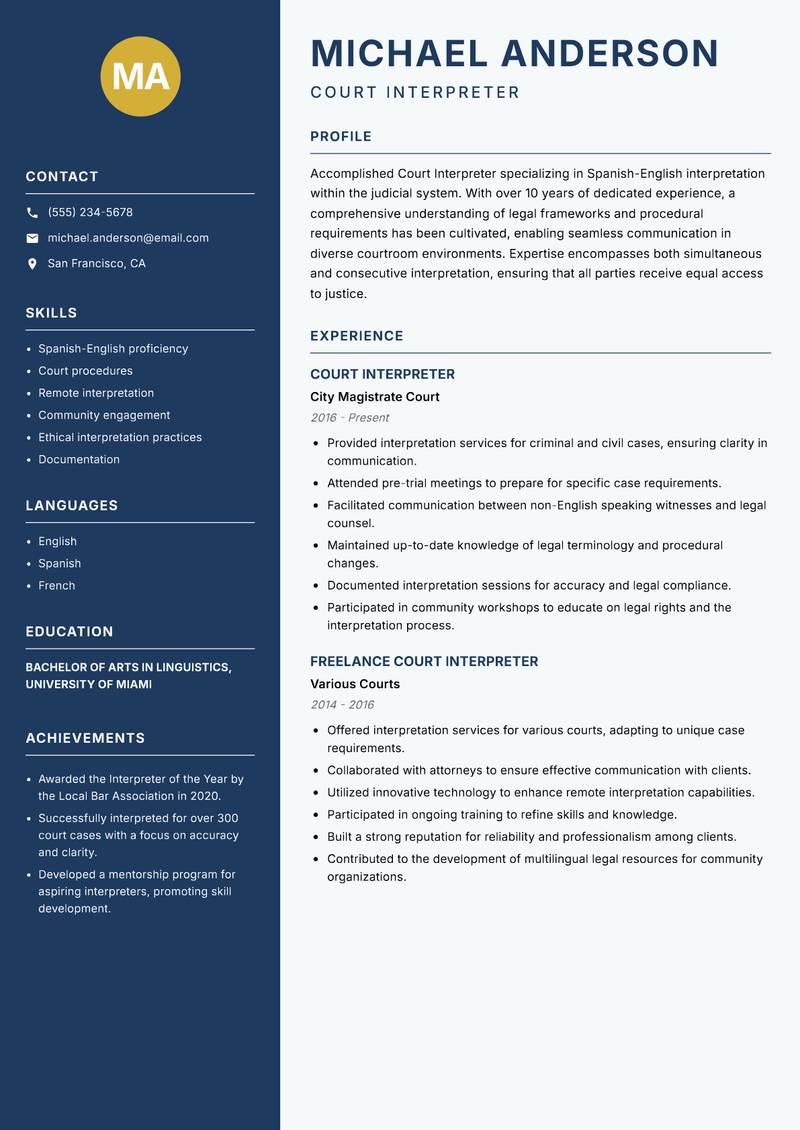 Court Interpreter resume sample — Court Interpreter focus