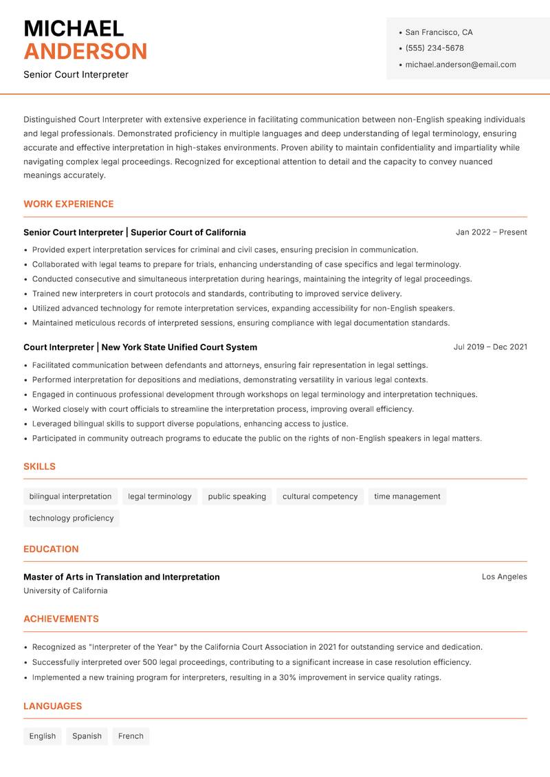 Court Interpreter resume sample — Senior Court Interpreter focus