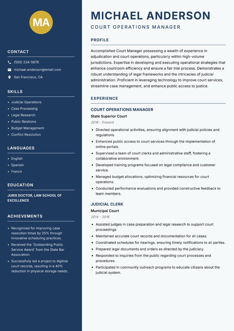 Court Manager resume sample — Court Operations Manager focus