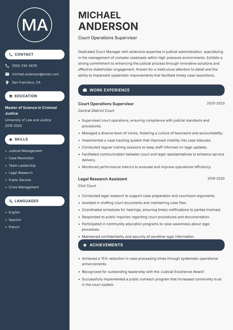 Court Manager resume sample — Court Operations Supervisor focus