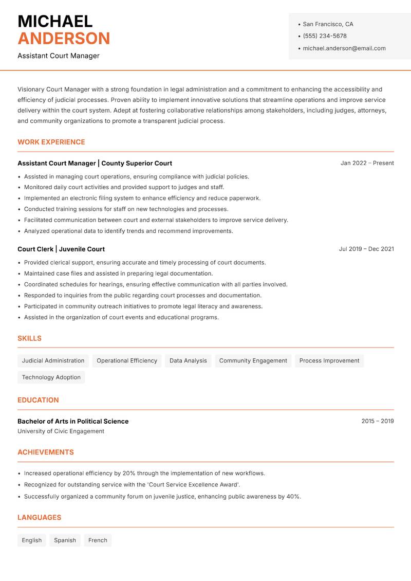 Court Manager resume sample — Assistant Court Manager focus