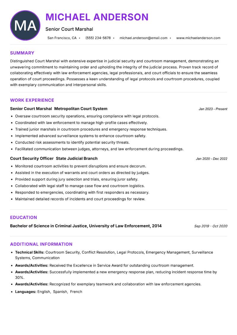 Court Marshal resume example