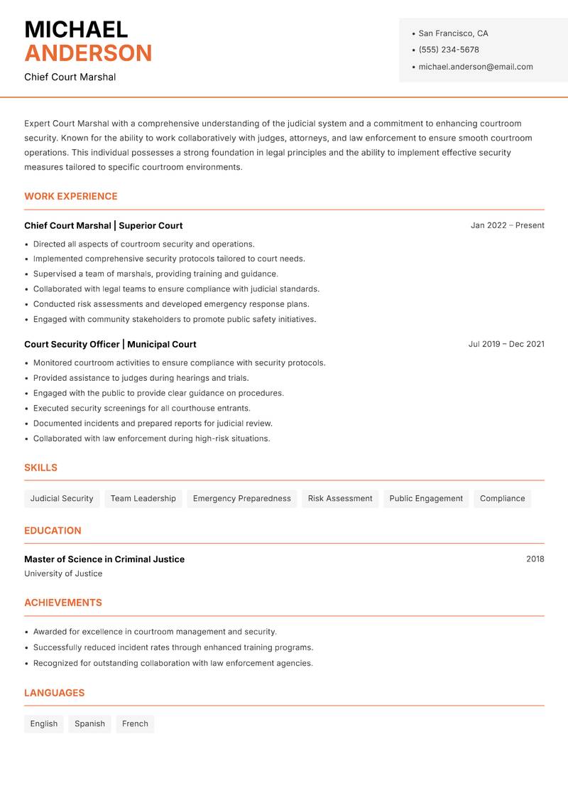 Court Marshal resume sample — Chief Court Marshal focus
