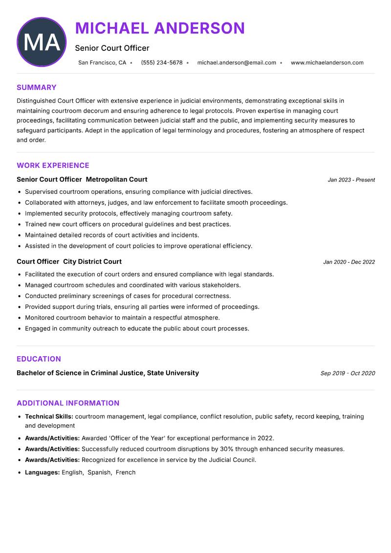 Court Officer resume example