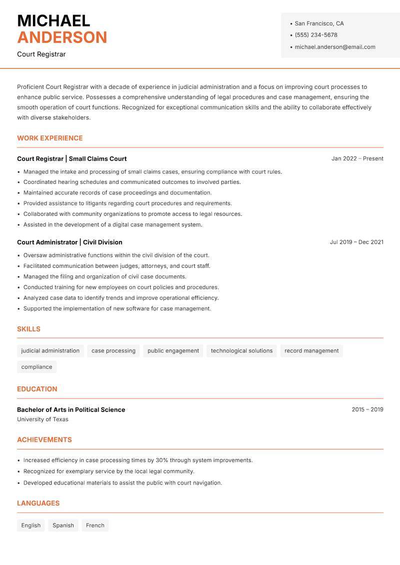 Court Registrar resume sample — Court Registrar focus