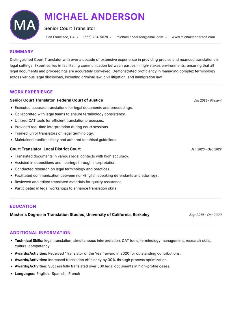 Court Translator resume example