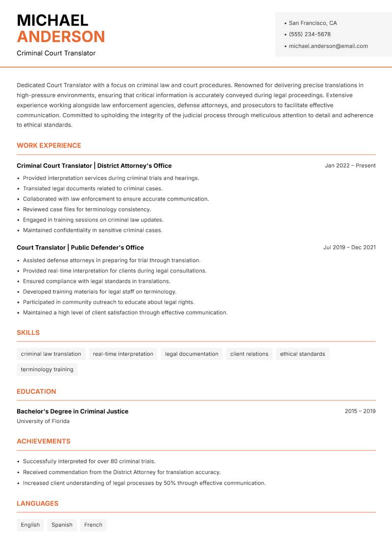 Court Translator resume sample — Criminal Court Translator focus