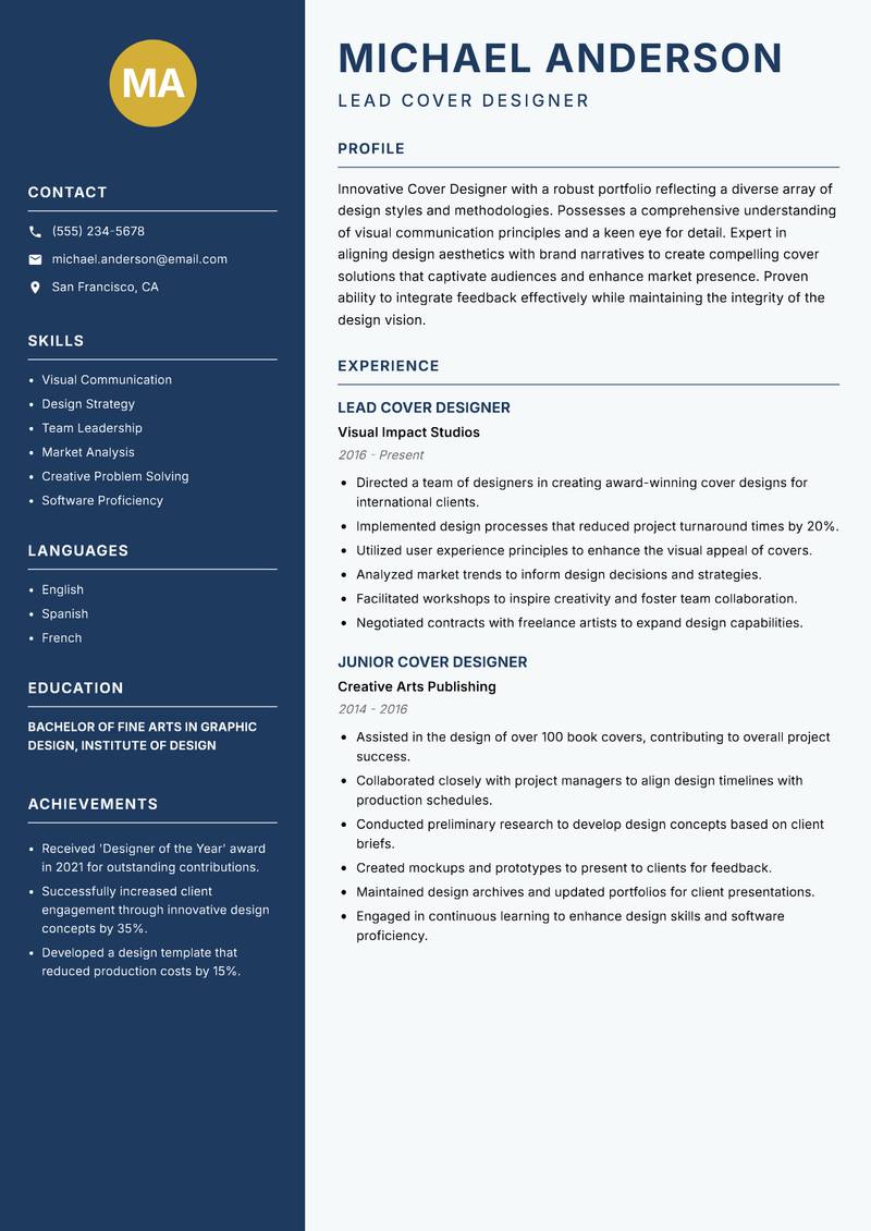Cover Designer resume sample — Lead Cover Designer focus