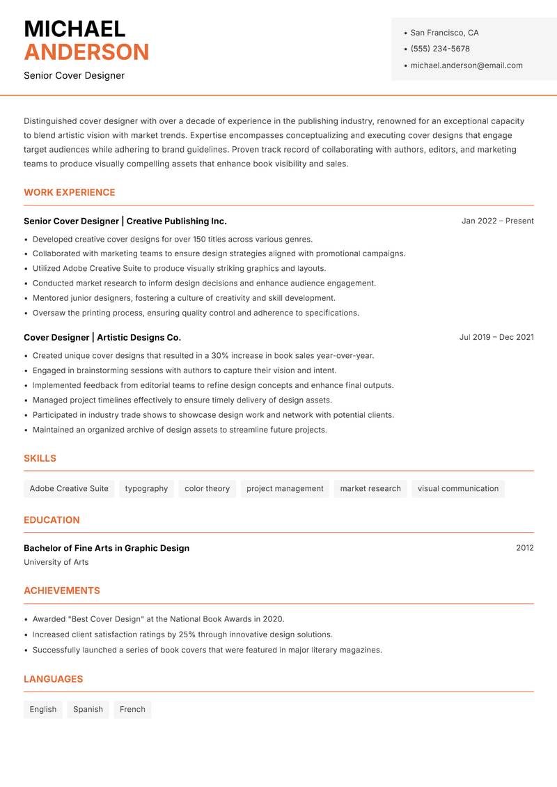 Cover Designer resume sample — Senior Cover Designer focus