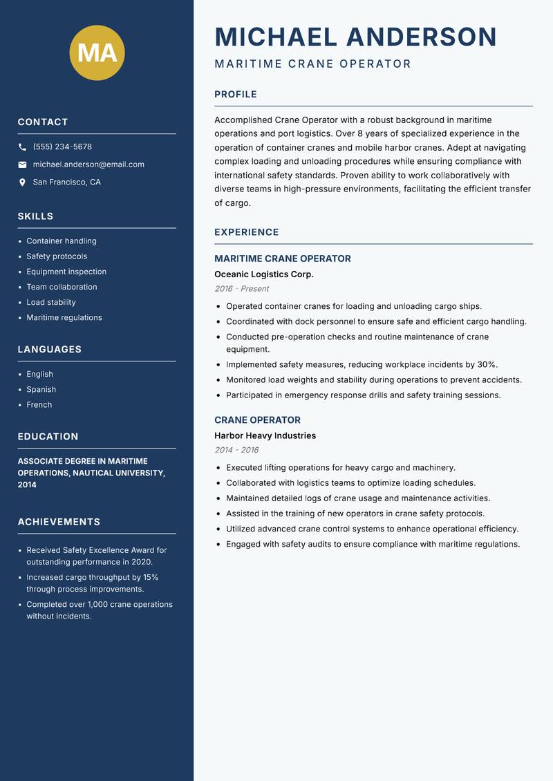 Crane Operator resume sample — Maritime Crane Operator focus