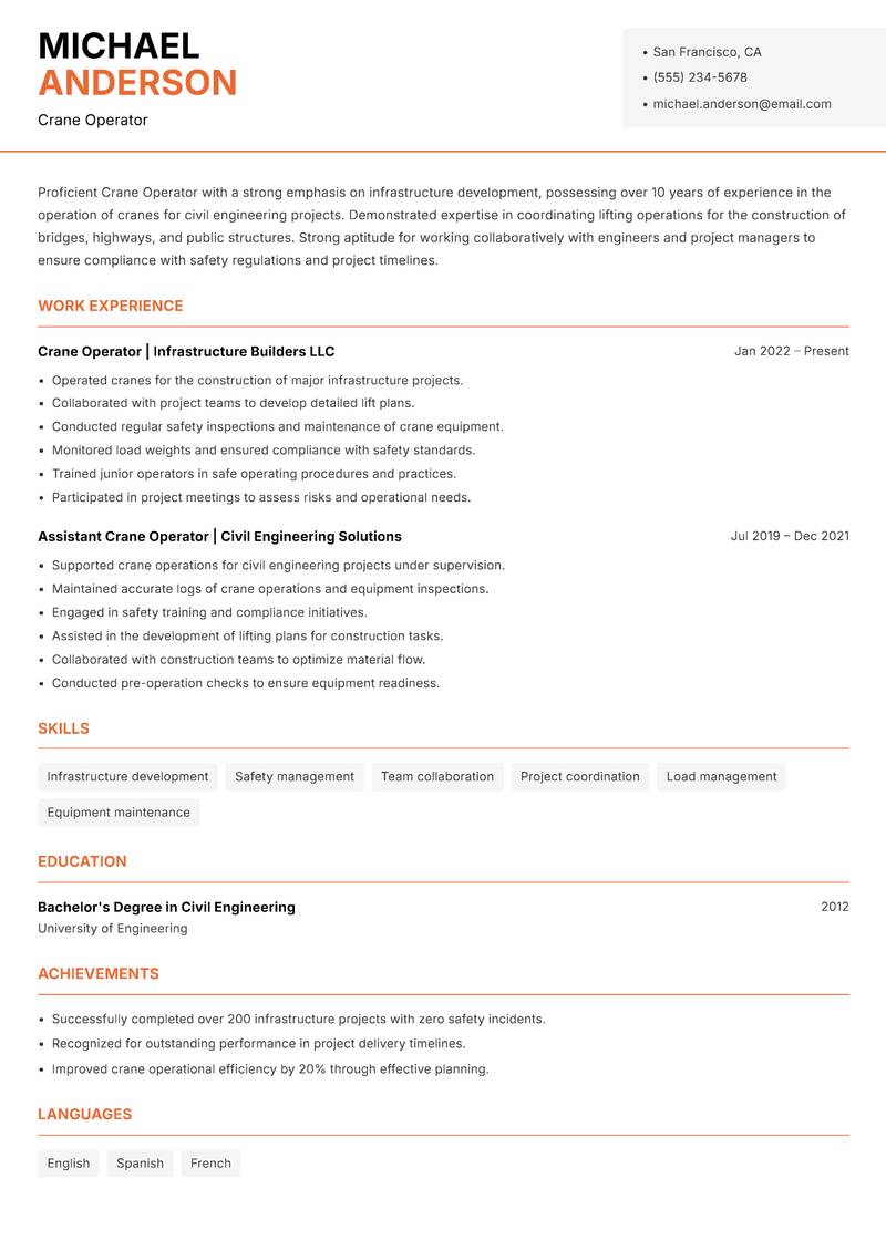 Crane Operator resume sample — Crane Operator focus