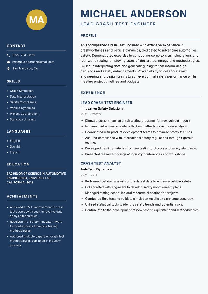 Crash Test Engineer resume sample — Lead Crash Test Engineer focus