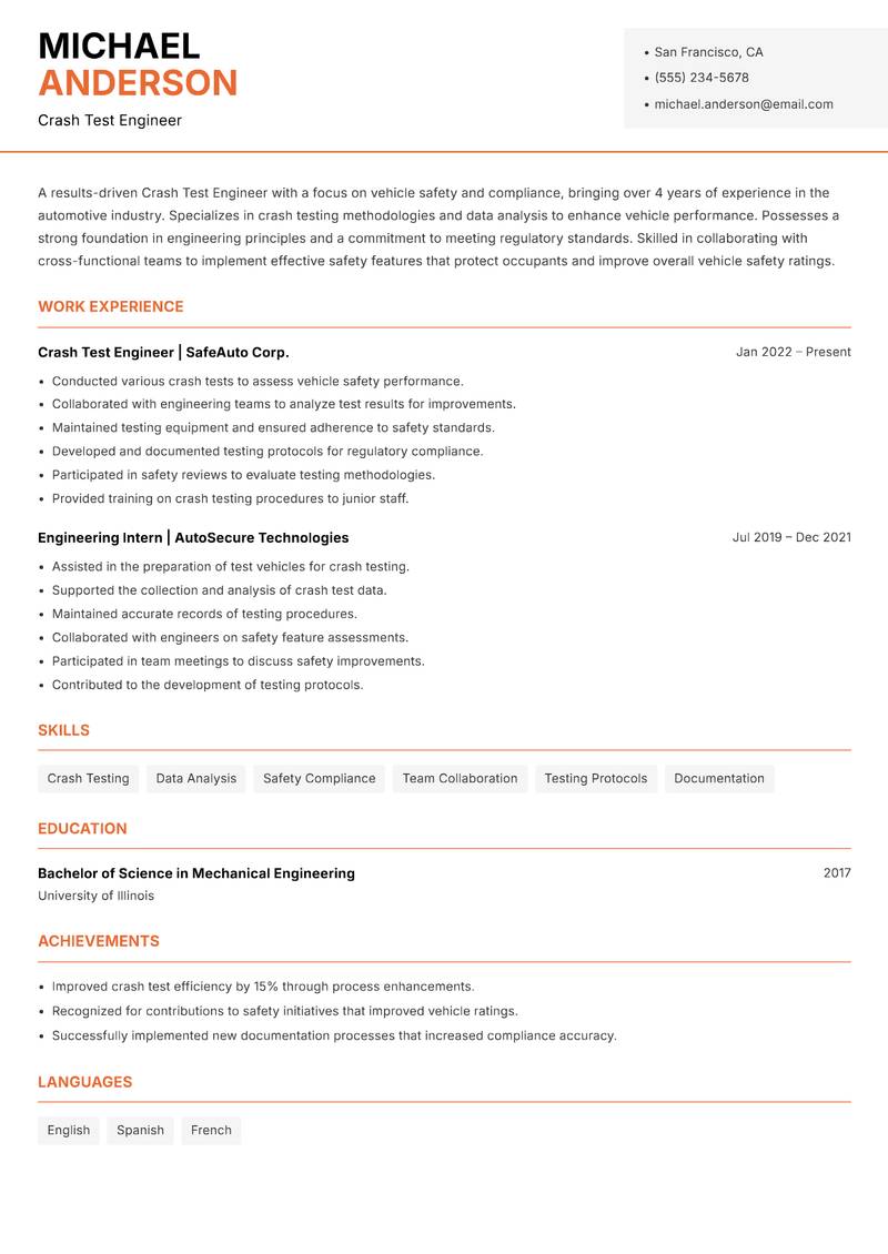 Crash Test Engineer resume sample — Crash Test Engineer focus