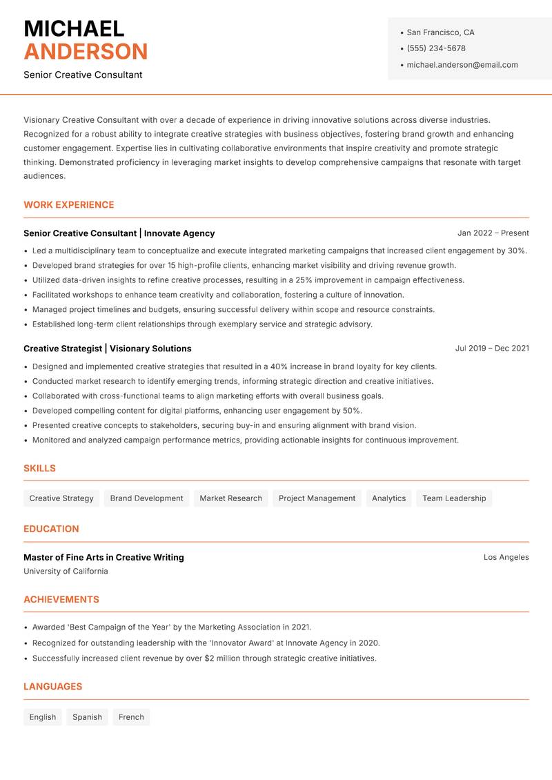 Creative Consultant resume sample — Senior Creative Consultant focus