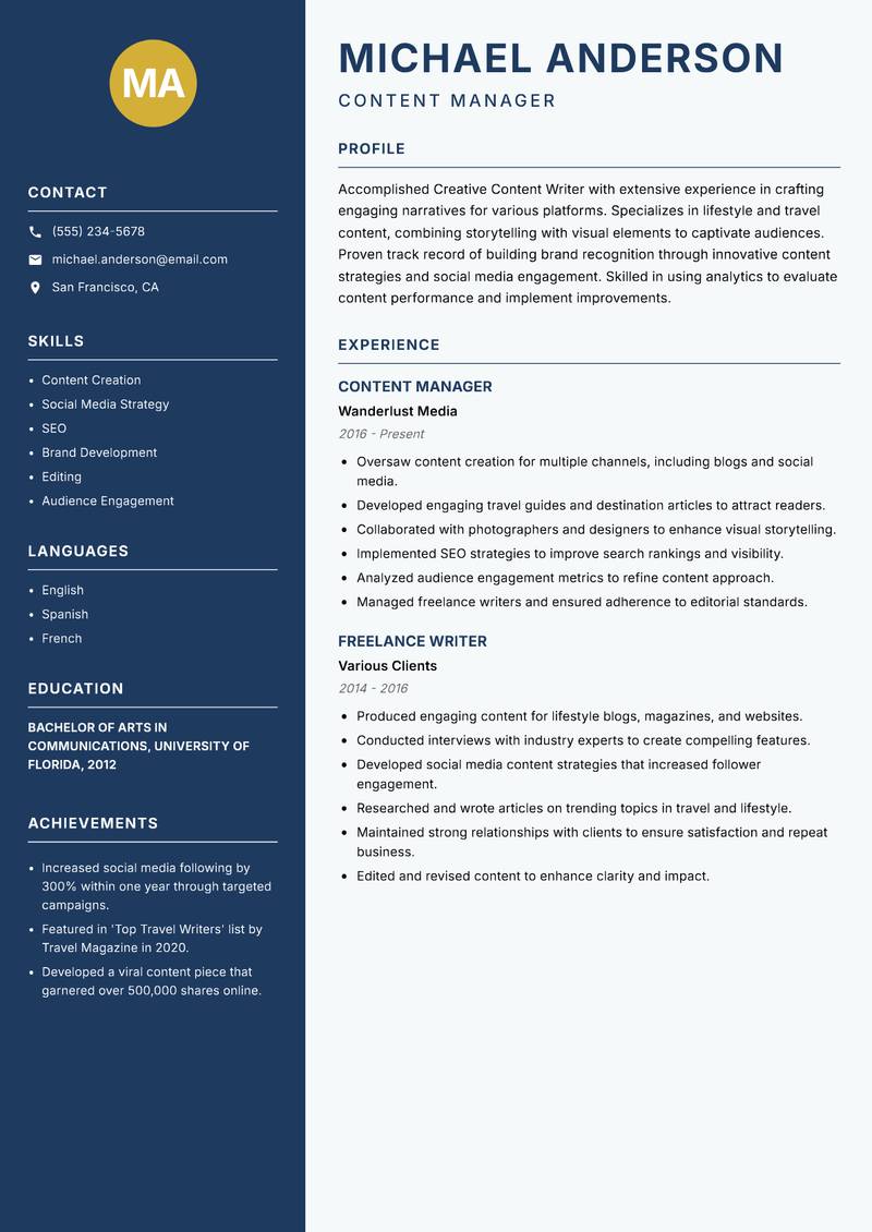 Creative Content Writer resume sample — Content Manager focus