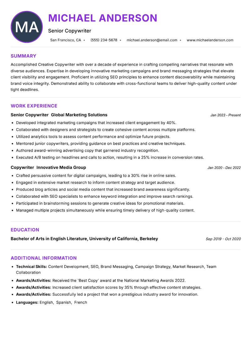 Creative Copywriter resume example