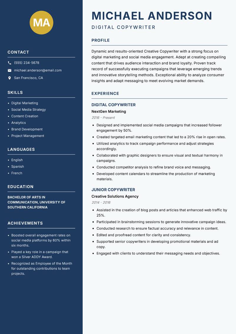 Creative Copywriter resume sample — Digital Copywriter focus