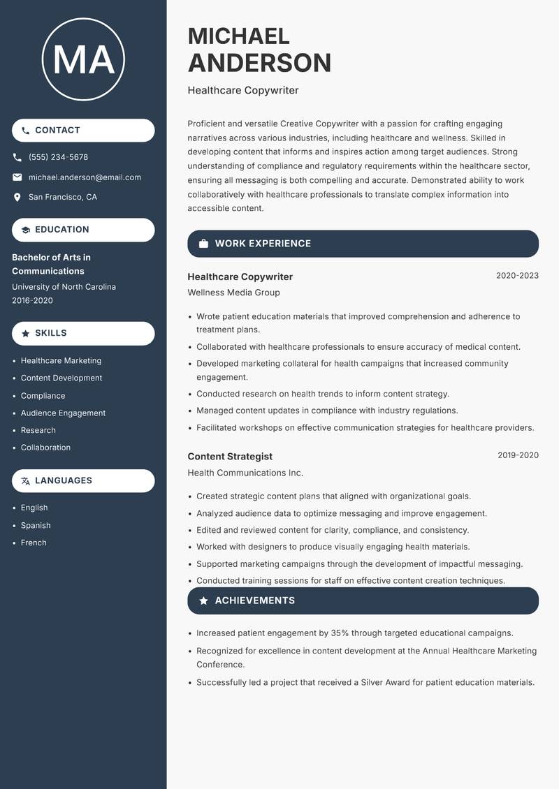 Creative Copywriter resume sample — Healthcare Copywriter focus