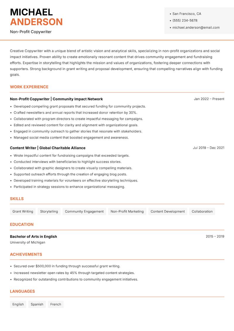 Creative Copywriter resume sample — Non-Profit Copywriter focus