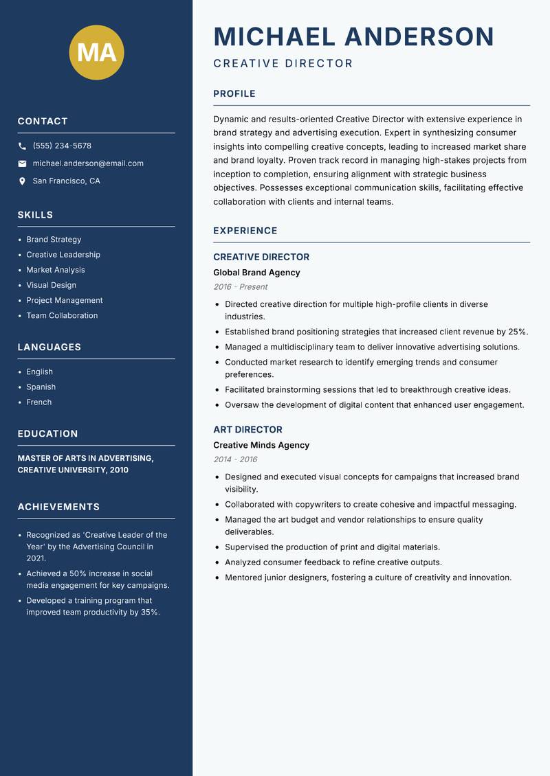 Creative Director Advertising resume sample — Creative Director focus