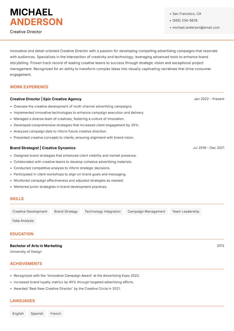 Creative Director Advertising resume sample — Creative Director focus