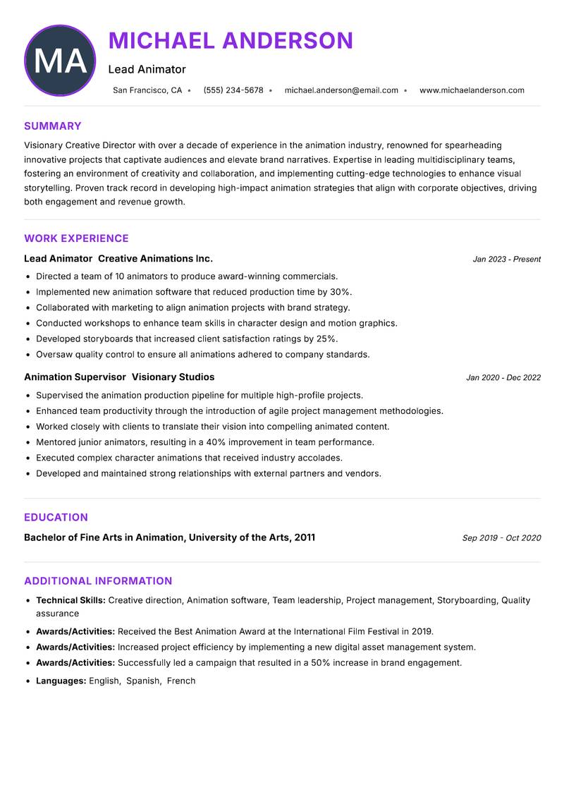 Creative Director Animation resume example