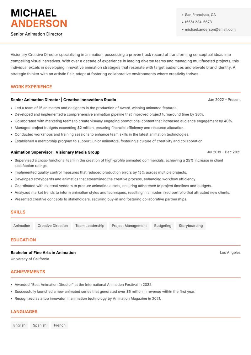 Creative Director Animation resume sample — Senior Animation Director focus