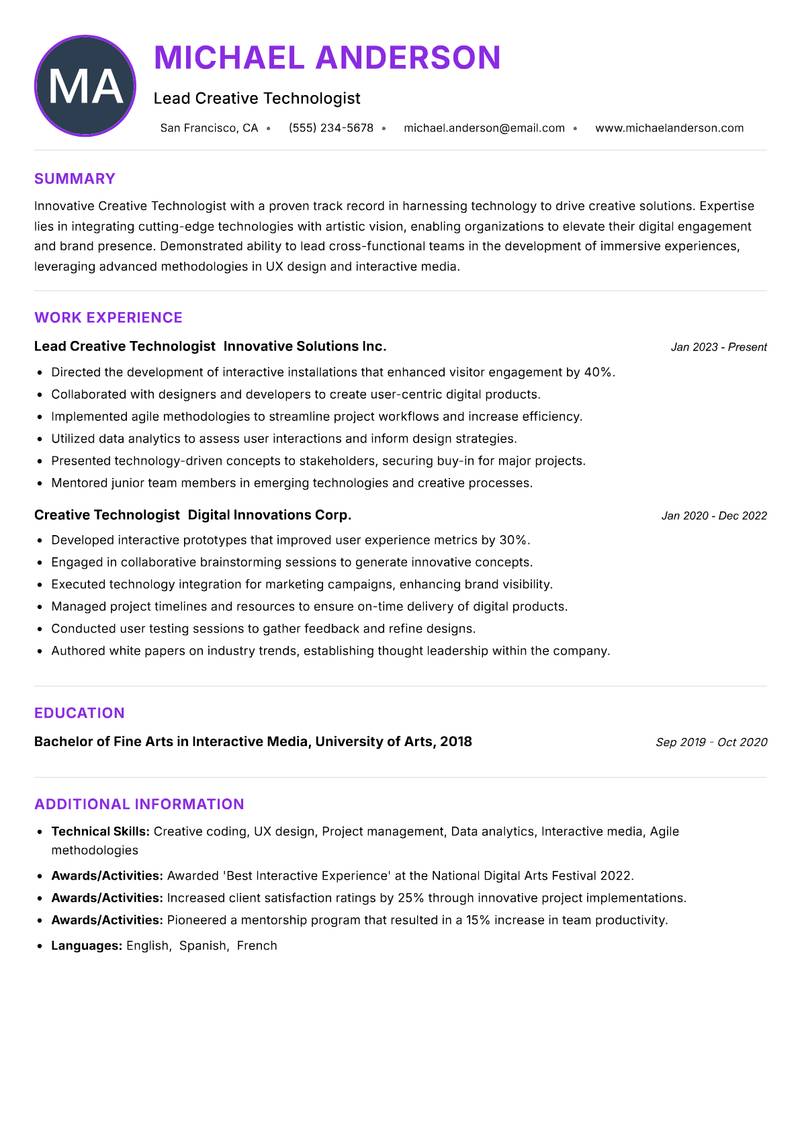 Creative Technologist resume example
