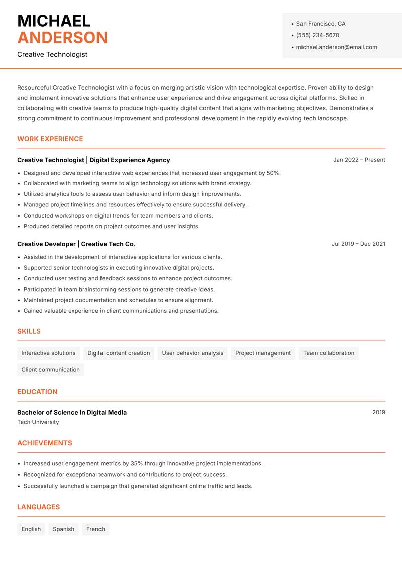 Creative Technologist resume sample — Creative Technologist focus