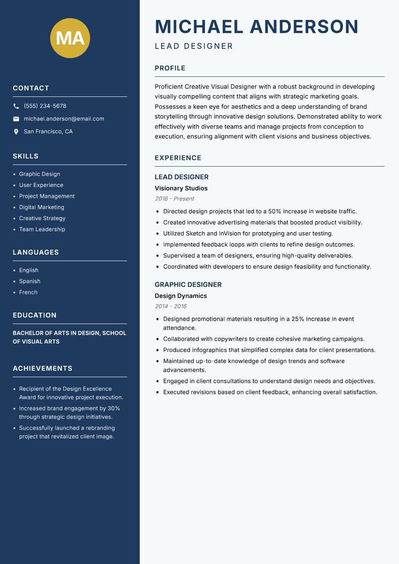 Creative Visual Designer resume sample — Lead Designer focus