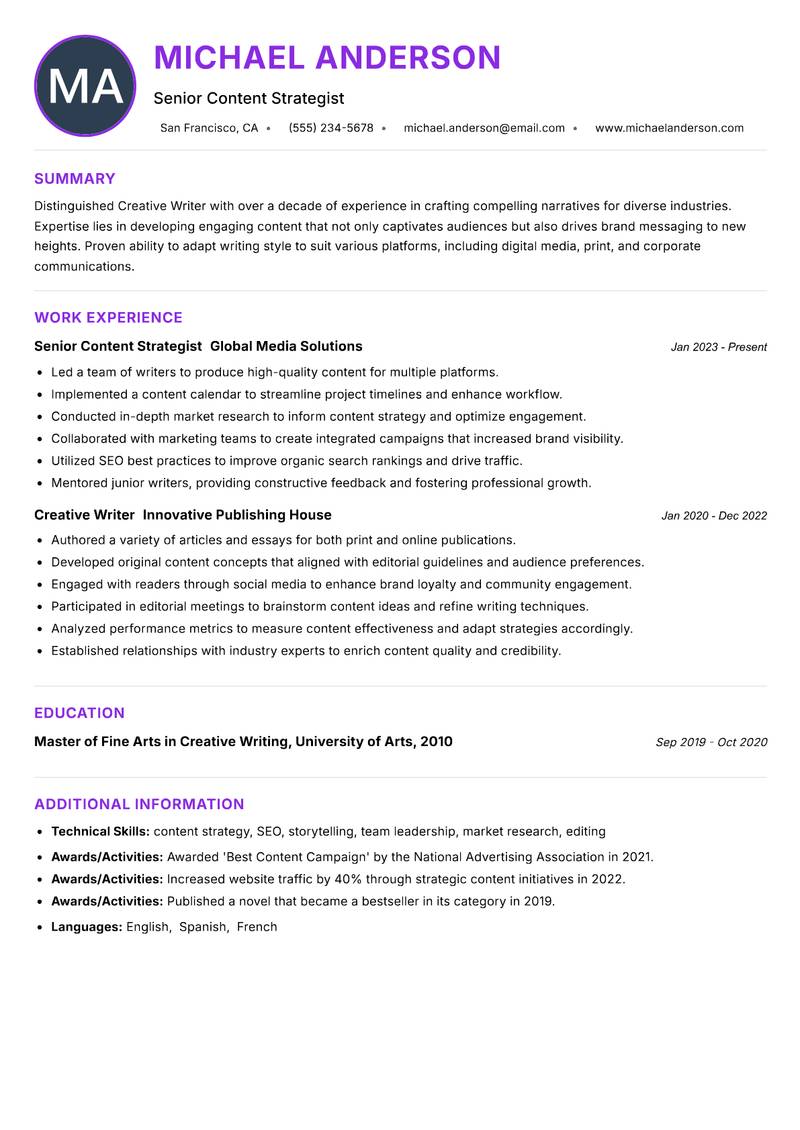 Creative Writer resume example