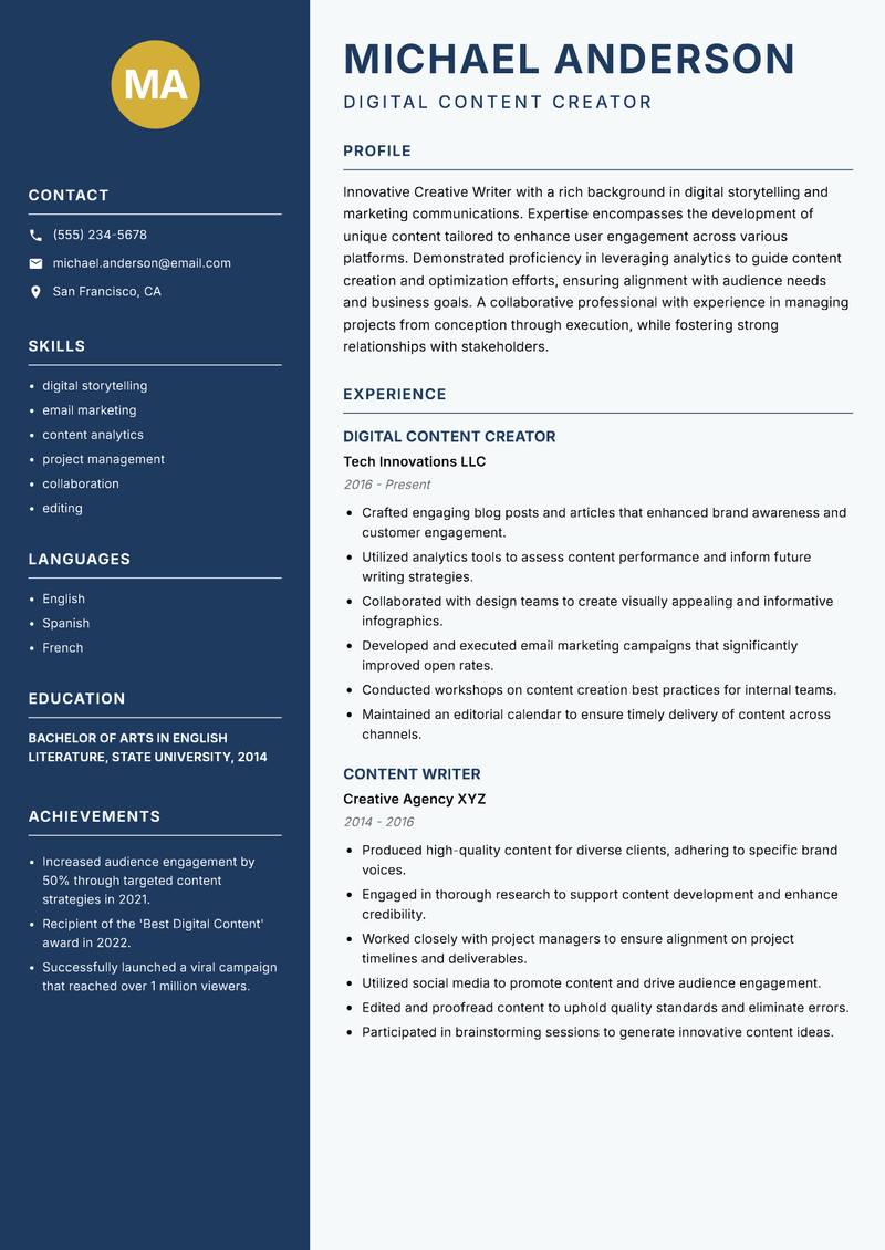 Creative Writer resume sample — Digital Content Creator focus