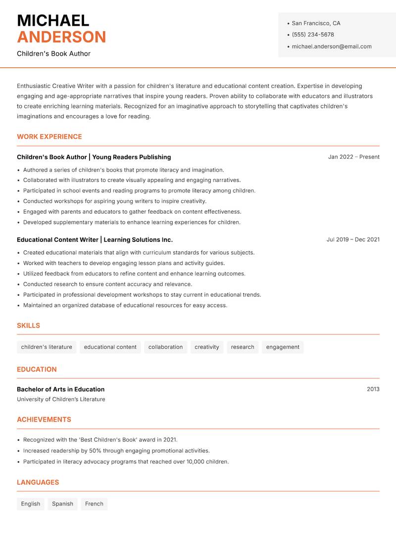 Creative Writer resume sample — Children's Book Author focus