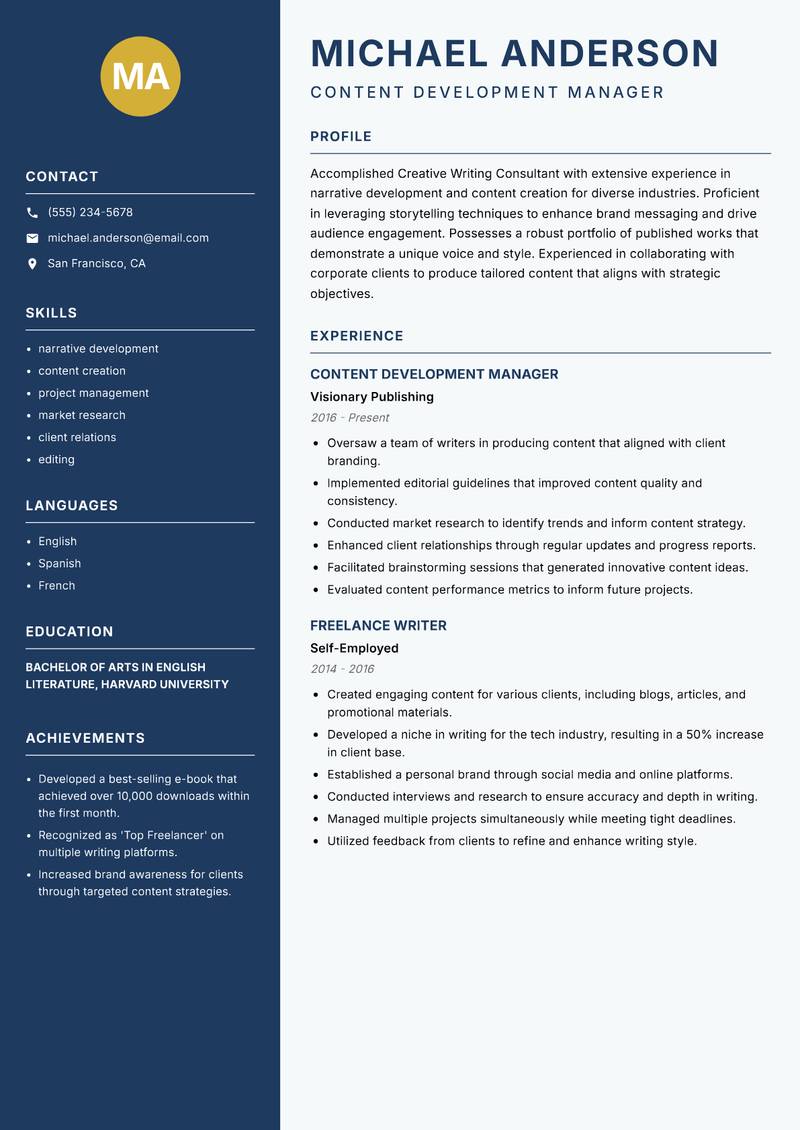 Creative Writing Consultant resume sample — Content Development Manager focus