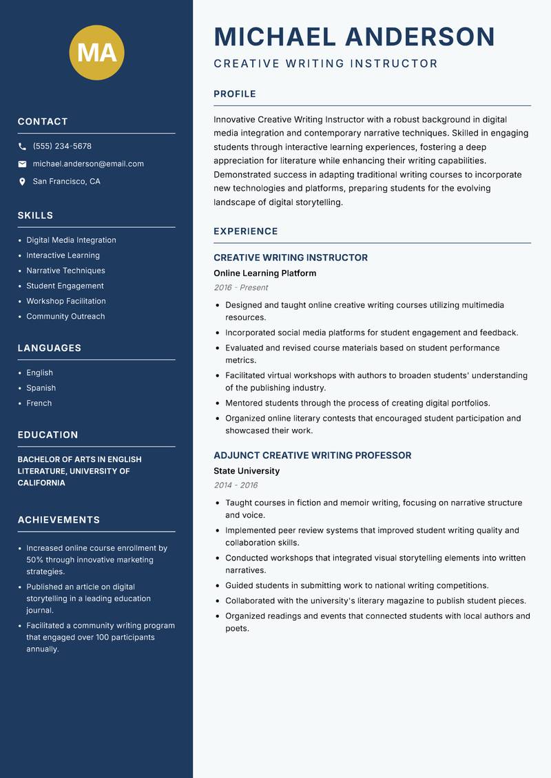 Creative Writing Instructor resume sample — Creative Writing Instructor focus