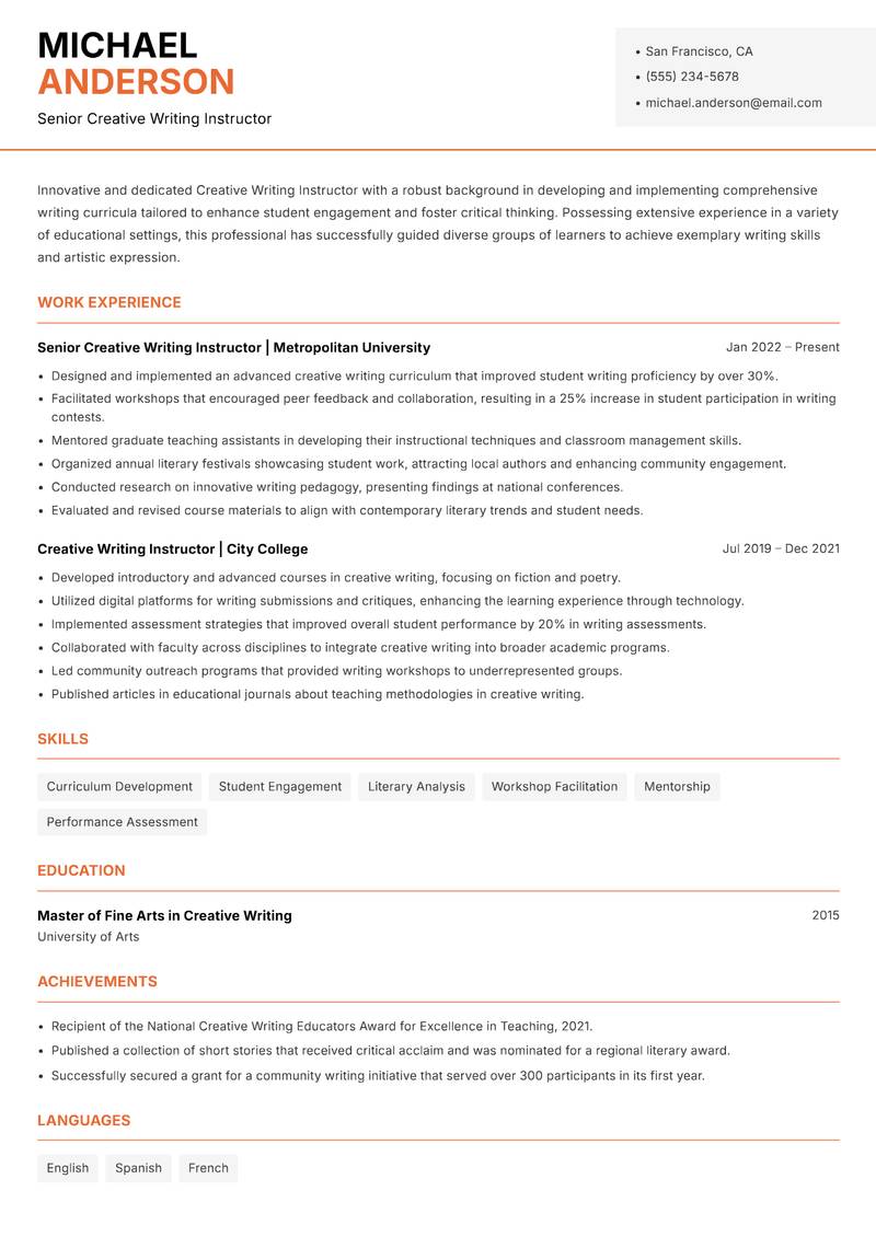 Creative Writing Instructor resume sample — Senior Creative Writing Instructor focus